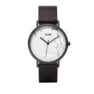 Dámské hodinky s černým koženým řemínkem a bílým mramorovým ciferníkem Cluse La Roche