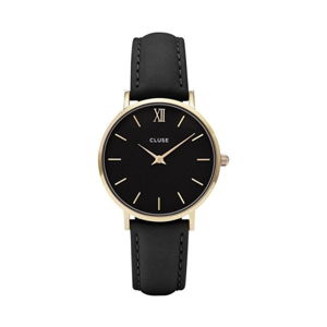 Dámské černé hodinky s koženým řemínkem a detaily ve zlaté barvě Cluse Minuit