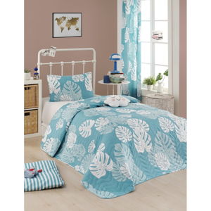 Set přehozu přes postel a povlaku na polštář s příměsí bavlny Eponj Home Monstera Blue, 160 x 220 cm