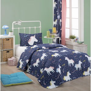 Set přehozu přes postel a povlaku na polštář s příměsí bavlny Eponj Home Magic Unicorn Dark Blue, 160 x 220 cm