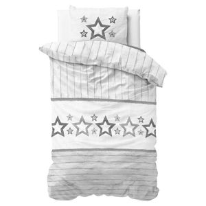 Šedo-bílé povlečení z mikroperkálu Sleeptime Stars, 140 x 220 cm