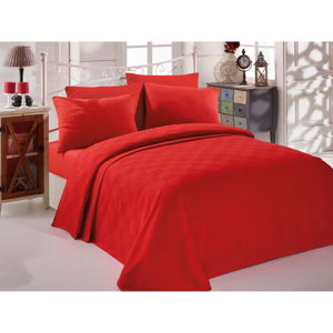 Set červeného bavlněného přehozu, prostěradla a povlaku na polštář na dvoulůžko EnLora Home InColor Red, 160 x 235 cm
